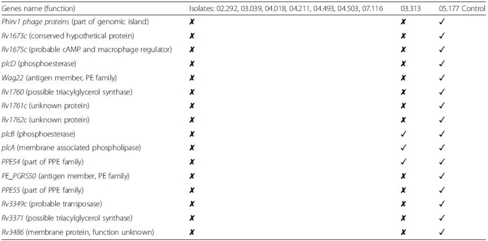 List of genes with complete deletion in the isoniazid-resistant outbreak strains