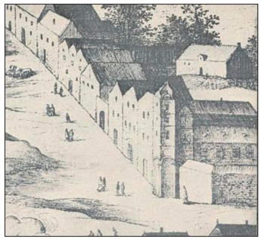 Faustův dům a jeho okolí v roce 1606. Detail ze Sadelerova prospektu Prahy.