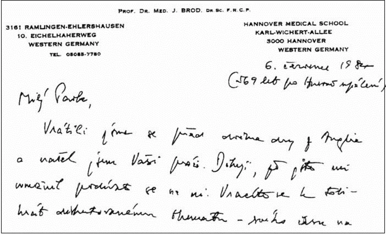 Začátek dopisu prof. Broda s upřesněním data 6. července 1984 (569 po Husově upálení).