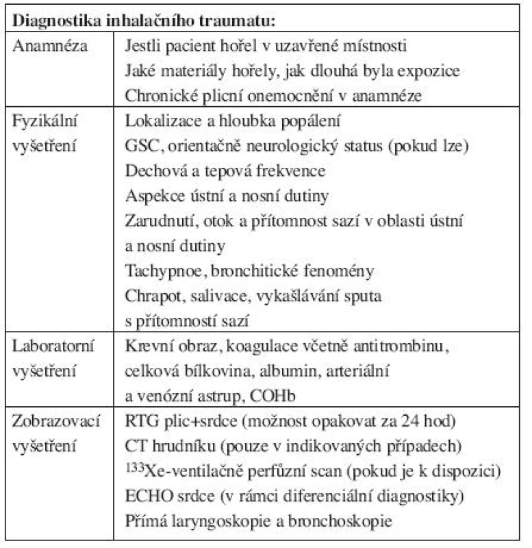 Kombinace základních přístupů k diagnostice inhalačního traumatu (12, 18).
