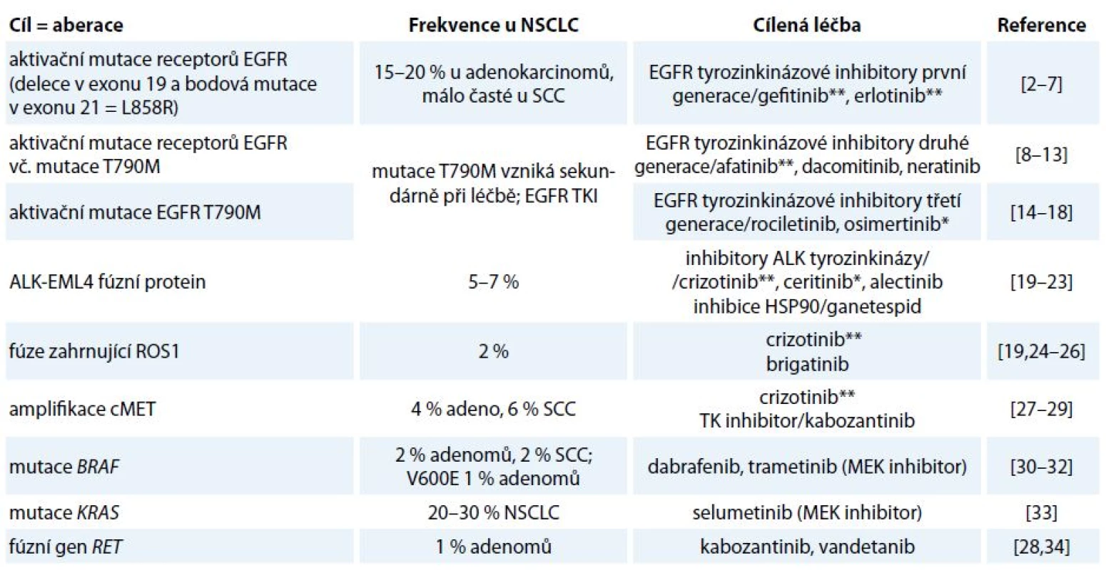 Nejčastější dosud známé aberace u NSCLC jako cíle stávající a potencionální protinádorové terapie.