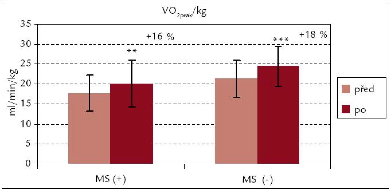 Vrcholová spotřeba kyslíku na 1 kg hmotnosti před rehabilitací a po ní – srovnání souborů MS(+) a MS(–).
*** p &lt; 0,001, ** p &lt; 0,01