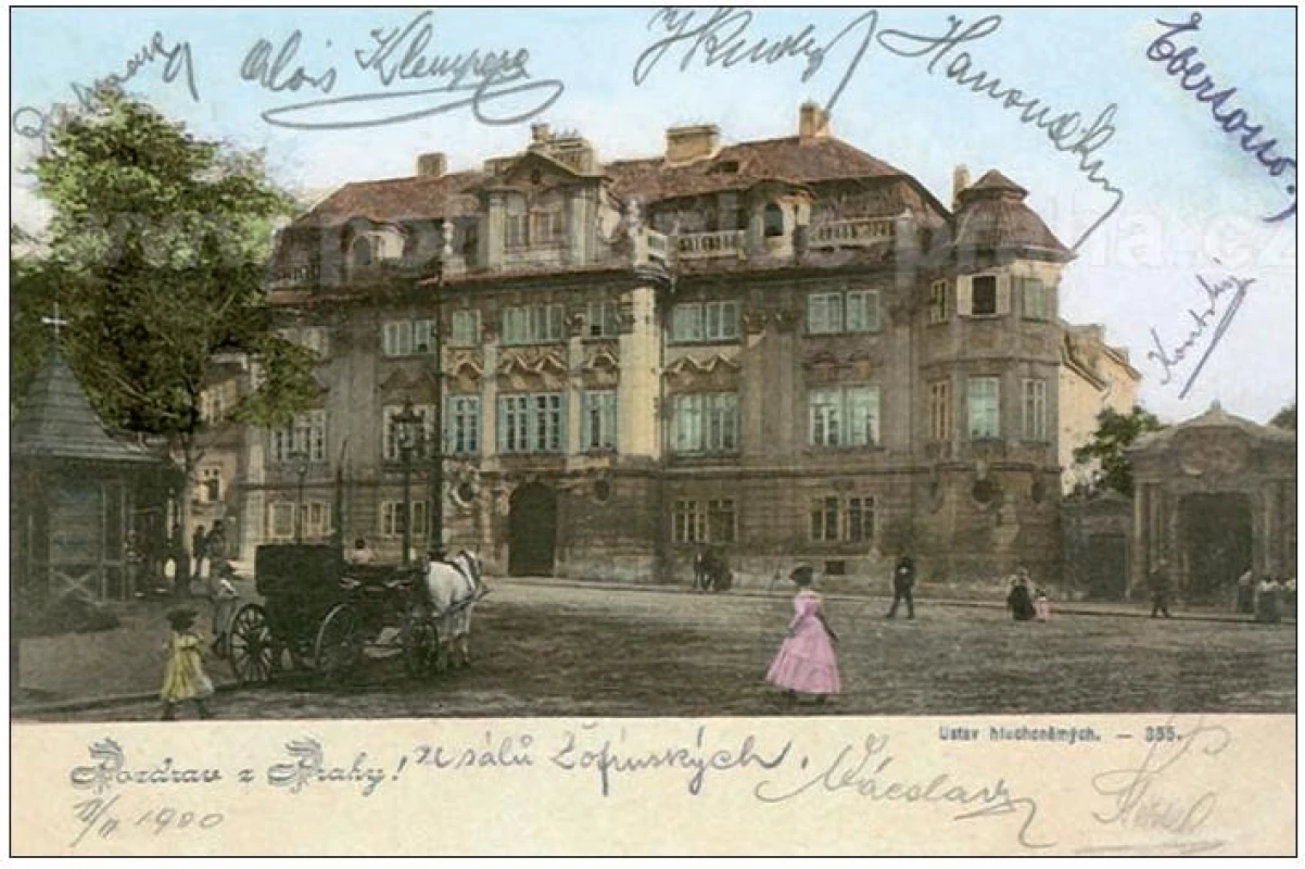 Pohlednice z roku 1900 s motivem Faustova domu, tehdy ústavem pro hluchoněmé.