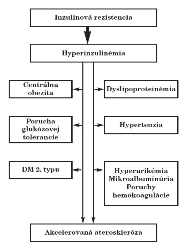 Patogenéza inzulínorezistencie a jej metabolických a klinických dôsledkov (voľne podľa [4]).