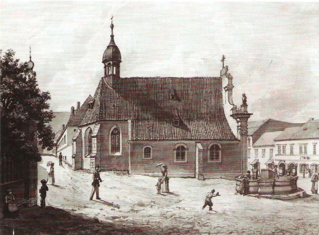 Kostel u Chudobince sv. Bartoloměje, kresba tuší, autor Eduard Herold, ze sbírky Muzea hl. m. Prahy