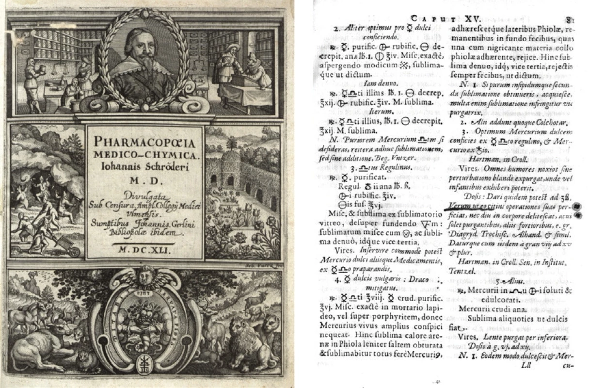 Titulní list Schröderovy Pharmacopoea medico-chimica z roku 1641 a strana 81 s návodem na přípravu draco mitigatus.