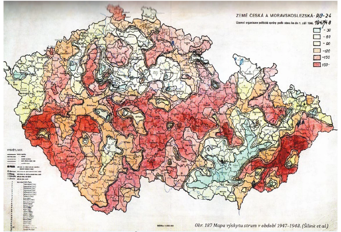 Výskyt strumy v letech 1947–48 podle studie Šilinka a kol. (12).