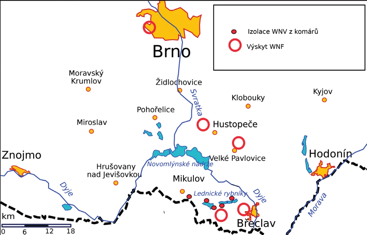 Lokality akvirace nákazy<br>
Figure 1. WNV affected areas