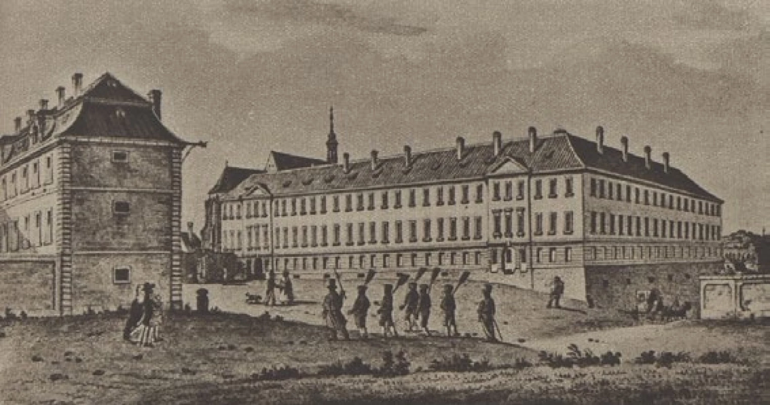 Svatováclavská trestnice na dobovém vyobrazení Vincence Morstadta z roku 1836