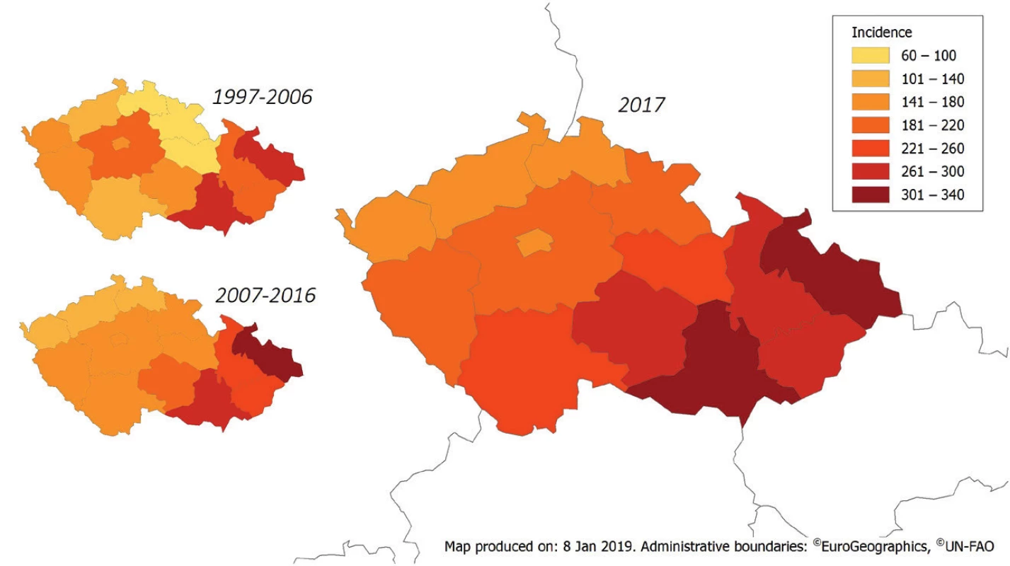 Průměrná roční incidence kampylobakteriózy v obdobích 1997–2006 a 2007–2016
a incidence v roce 2017 v ČR podle jednotlivých krajů, EpiDat<br>
Figure 3. Average annual incidence of campylobacteriosis in the Czech Republic in 1997–2006
and 2007–2016 and distribution of cases by administrative region in 2017, EpiDat