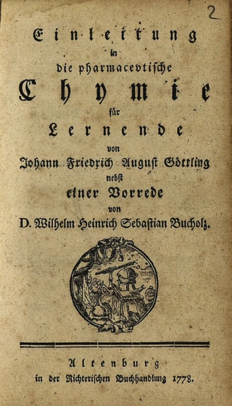 Titulní list Göttlingova spisu Einleitung in die pharmazeutische Chemie für Lernende z roku 1778