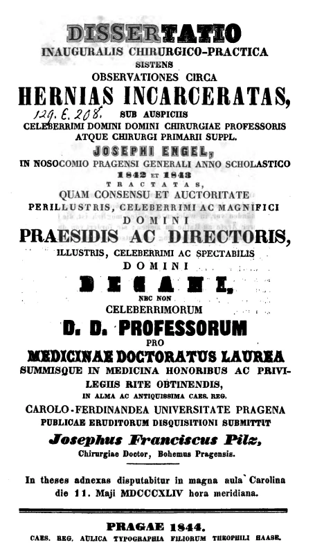 Příklad titulní stránky pražské lékařské dizertace:
J. F. Pilz, 1844<br>
Fig. 2: Example of the title page of a medical dissertation
written in Prague: J. F. Pilz, 1844