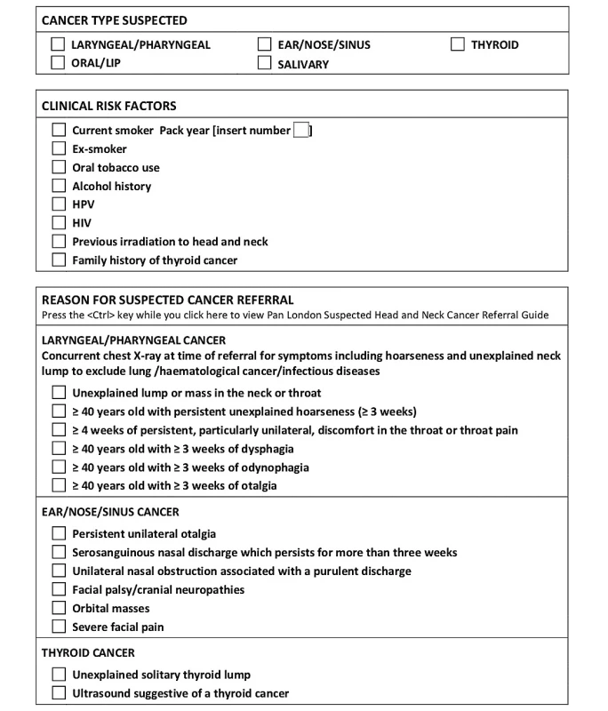 „2 week wait referral“ formulář (PAN London
Suspected head and neck cancer referral form) (strana 2)