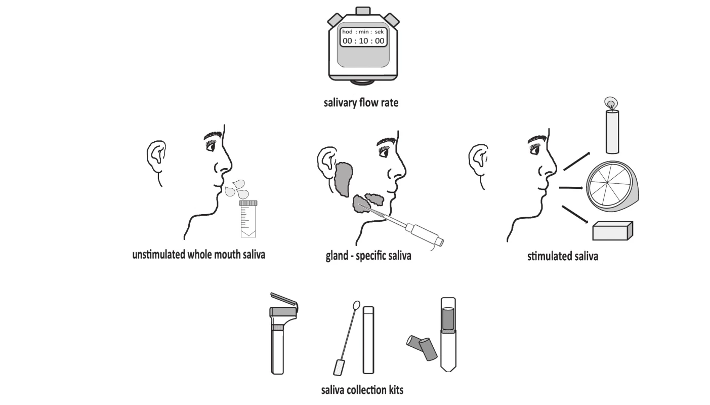 Saliva collecting methods: unstimulated collection, stimulated collection using different stimulants and collection kits.