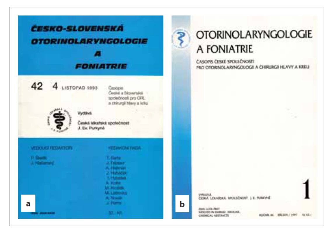 V roce 1993 se formát časopisu
mění na A4 (a), ale stále zůstává tisk
dvoubarevný. Fotografie v plnokrevném
formátu jsou v této době prováděny
na náklady autorů. Od roku 1994
se mění formát časopisu a papír na
kvalitnější (b). (Tisk uložen v knihovně
Kliniky otorinolaryngologie a chirurgie
hlavy a krku 1. LF UK a FN v Motole.)<br>
Fig. 6. In 1993, the format of the magazine
changed to A4 (a), but the printing
still remained two-colored. Photographs
in full-blooded format are taken at the
expense of the authors at this time. Since
1994, the format of the magazine and the
paper have changed to better (b). (Print
stored in the library of the Department of
Otorhinolaryngology and Head and Neck
Surgery, 1st Medical Faculty, Charles University,
University Hospital in Motol.)