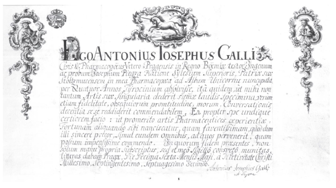 Výuční list posledního lékárníka hradčanského kapucínského kláštera bratra Absolona z Tłustomostů vydaný
16. května 1772 staroměstským lékárníkem Antonínem Josefem Galli (NA ŘK, listina 140)
