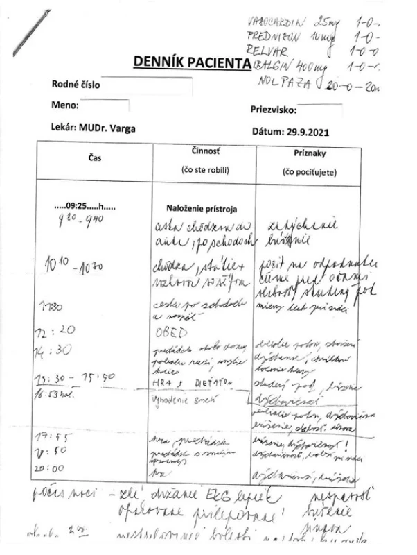 Polymorfné ťažkosti pacienta počas 24-hodinového monitoringu
EKG (Oddelenie funkčnej diagnostiky, UN - Nemocnica svätého Michala,
a. s.; 29.9.2021)
