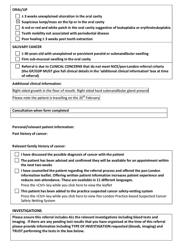 „2 week wait referral“ formulář (PAN London
Suspected head and neck cancer referral form) (strana 3)