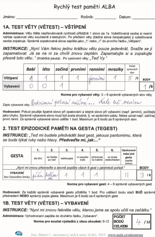 Záznamový formulář testu ALBA