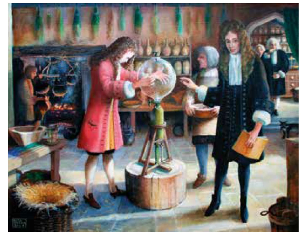 Obraz „Učenci“ od Rity Greerové (2007). Robert Hooke (vlevo)
provádí pokus s vývěvou, Robert Boyle (s knihou) dohlíží na průběh. Zdroj:
Wikimedia Commons (CC BY 4.0)